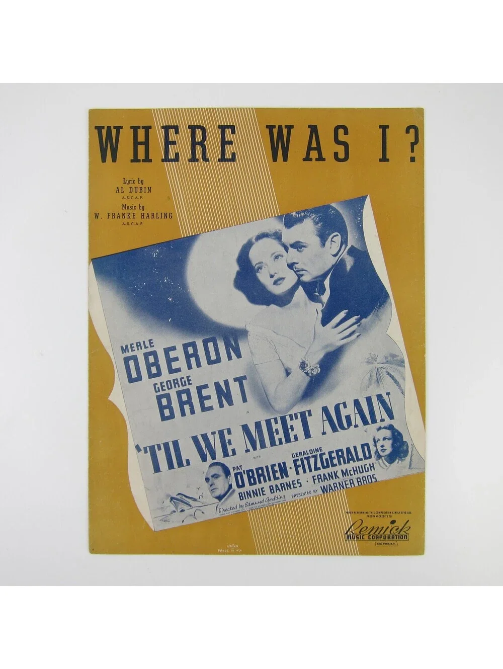 Sheet Music Where Was I? Til We Meet Again Pat O'Brien Geraldine Fitzgerald 1940